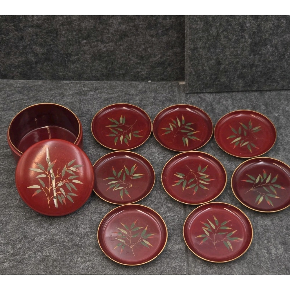 Vintage Japanese Lacquerware Coaster Set (8) w/ Box Red Gold Bamboo